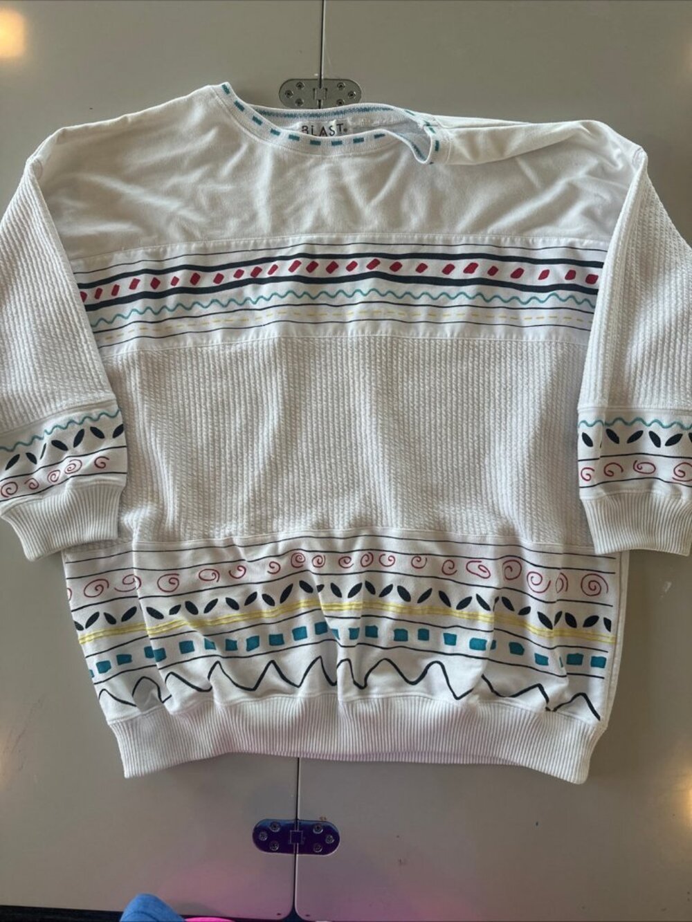 BLAST White Long Sleeve Shirt Pullover Colorful Geometric and Swirl Patterns